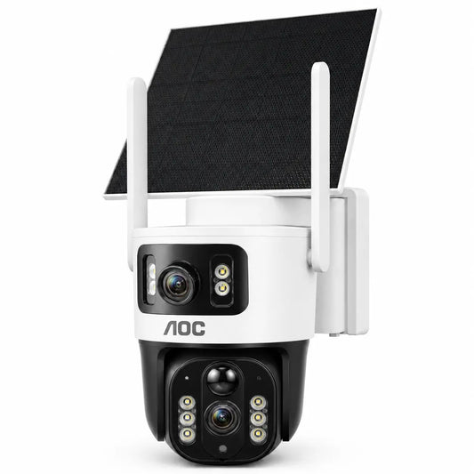 AOC 4G LTE Solar-Powered Outdoor Security Camera - Dual-Lens with AI Auto Tracking, Color Night Vision, Two-Way Audio, IP65 Rating, 10400mAh Battery, No Wi-Fi Required, Home Recording Protection Device with 7-Day Free Trial and Subsequent 4G Plan