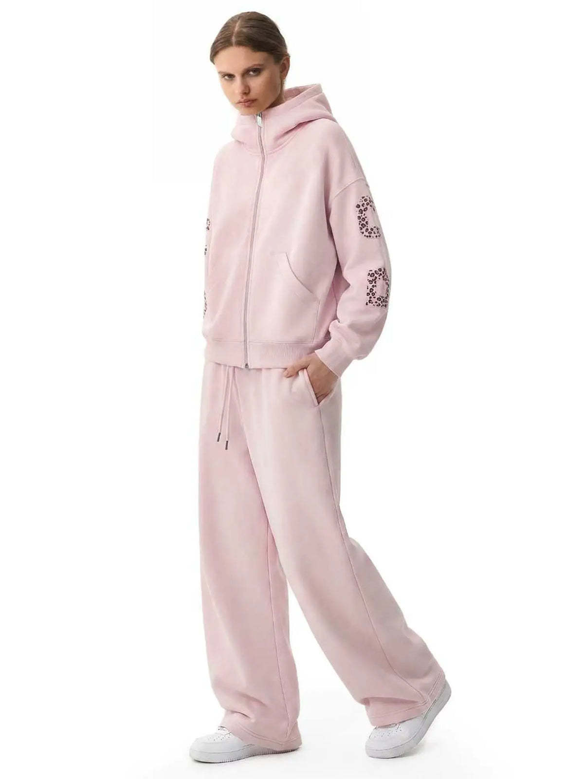 FDR Applique Letter Stand Collar Zip up Jacket & Leopard Panel Faux Two Piece Barrel Sweatpants Set Oversized Y2K Streetwear Unisex#Tiktokshopbacktoschool