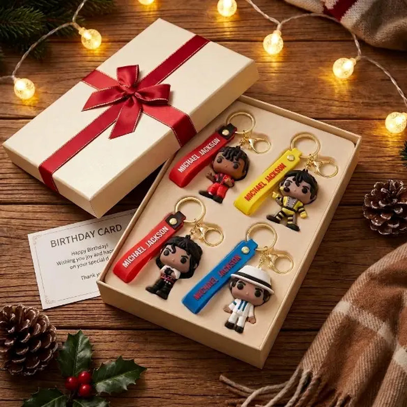 Unisex 4PCS Retro Pop Music Resin Keychain Set - Plain Rounded PVC Collectible Pendant, Silicone Wrist Strap, Party Bag Charm, Car Key Accessory